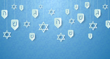 Hanukkah Background With Festive Decoration Elements Dreidels And Jewish Stars. Can Be Used For Party Flyers Banners Or Web. Vector Illustration, Hanukkah Design. EPS 10.