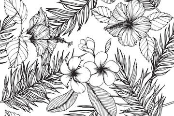 Wall Mural - Hawaiian pattern seamless background with flower and leaf  drawing illustration. 