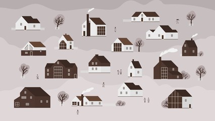 Fototapete - Banner with various country houses of modern Scandinavian architecture and walking people. Background with town buildings, suburb or village. Monochrome vector illustration in flat cartoon style.