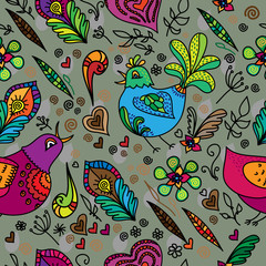  Floral pattern and bird seamless background. Wallpaper design. Hand drawn doodle texture. Vector illustration.EPS 10.