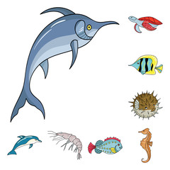 Wall Mural - A variety of marine animals cartoon icons in set collection for design. Fish and shellfish vector symbol stock web illustration.