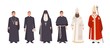Collection of monks, priests and religious leaders of Catholic and Orthodox christian churches. Bundle of clergymen or male flat cartoon characters isolated on white background. Vector illustration.