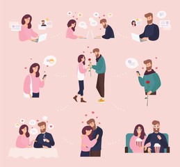 collection of man and woman using website or mobile application for dating or searching for romantic
