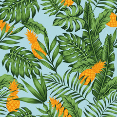Wall Mural - Orange pineapple green jungle blue background seamless