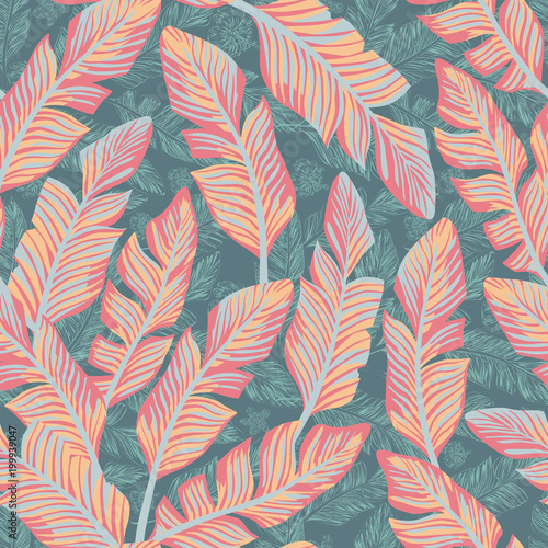 Naklejka - mata magnetyczna na lodówkę Tropical banana leaves abstract pastel color seamless pattern