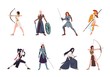 © Good Studio - Collection of female warriors from Scandinavian, Greek, Egyptian, Asian mythology and history. Set of women wearing armor and holding weapons isolated on white background. Cartoon vector illustration.