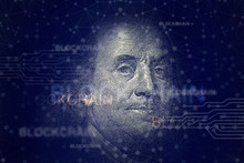 Benjamin Franklin With Blockchain. Cryptocurrency And Traditional Money On Networking Connection Background