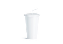 Blank White Disposable Cup With Straw Mock Up Isolated, 3d Rendering. Empty Paper Soda Drinking Mug Mockup With Lid And Tube Front View. Clear Soft Drink Cola Take Away Plastic Package