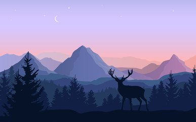 Wall Mural - vector evening landscape with blue and purple silhouettes of mountains, forest and standing deer
