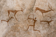 Image Of The Ancient Hunt On The Wall Of The Cave Ocher. Historical Art. Archeology.