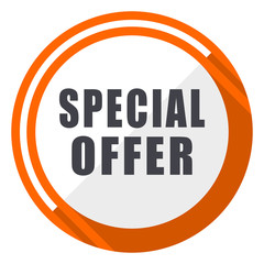 Aufkleber - Special offer flat design vector web icon. Round orange internet button isolated on white background.
