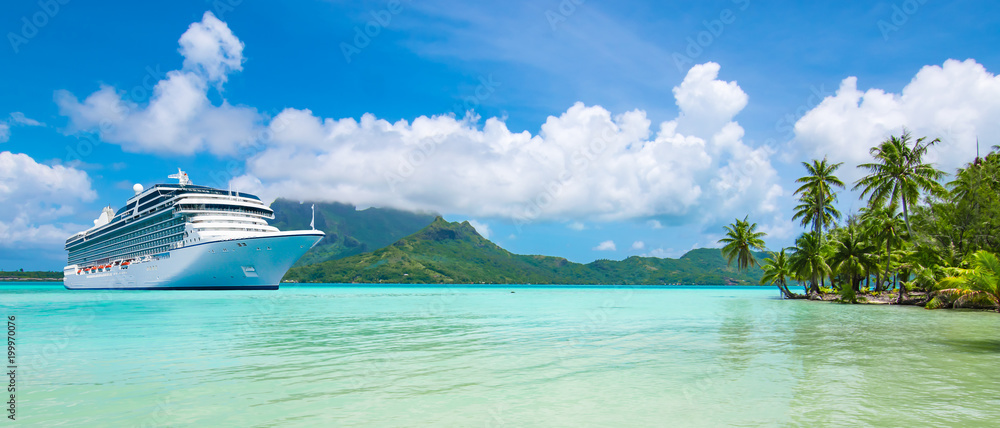 Summer cruise vacation travel. Luxury cruise ship anchored close to exotic tropical island.
Panoramic landscape view of Bora Bora.  - obrazy, fototapety, plakaty 