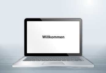 Poster - Laptop auf Holztisch - Willkommen