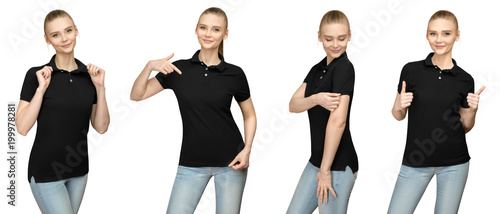 Download Set variations promo pose girl in blank black polo shirt ...