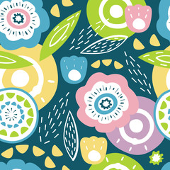 Wall Mural - seamless pattern with different plants and leaves naive style. flowers stylized on dark blue backgro
