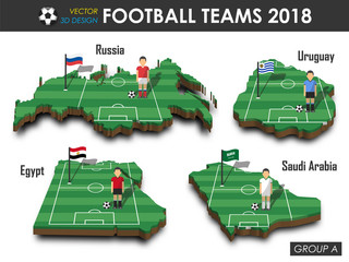 national soccer teams 2018 group a . football player and flag on 3d design country map . isolated ba