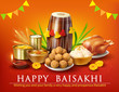. Greeting background with traditional food and dhol for Punjabi festival Baisakhi (Vaisakhi). Vector illustration.