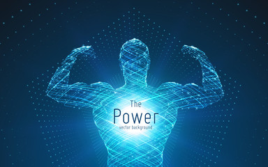 Wall Mural - Vector strong man. Big biceps formed with swirl lines and glowing points. Strength, power, security concept. Vector wireframe arm science background. Athletic male figure.