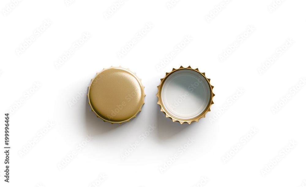 Blank white golden beer lid mockup, top view, front and back side, 3d rendering. Empty metal soda cap mock up design template. Clear bottle cover isolated. - obrazy, fototapety, plakaty 