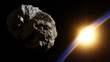 Huge asteroid in space approaching planet with sunrise