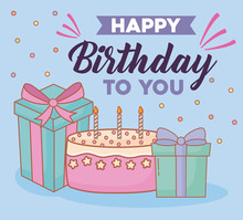 Happy Birthday Design With Gift Boxes And Birthday Cake Over Blue Background, Colorful Design. Vector Illustration