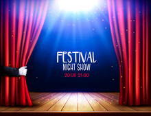 A Theater Stage With A Red Curtain And Hand. Festival Night Show Poster. Vector.