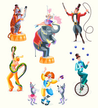 Circus Characters: Tiger And Trainer, Woman With Snake, Girl And Elephant, Juggler On Unicycle, Clown With Circus Poodles. Isolated Vector Illustration For Design Banners, Posters.