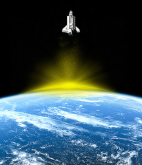 Wall Mural - spaceship flying into outer space on planet earth background. some elements of this image are furnis