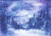 Watercolor Painting, Illustration, Greeting Card. Forest, Suburban Landscape, Silhouettes Of Fir Trees, Pines, Trees And Bushes, The Night Sky With Stars. Blue  Color. 