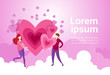 © mast3r - Couple Hold Hands Over Heart Shape On Pink Clouds Background With Copy Space Valentine Day Banner Flat Vector Illustration