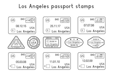 Wall Mural - Passport stamps. Los Angeles, USA. Arrival and departure by car, train, plane. Set of black stamps