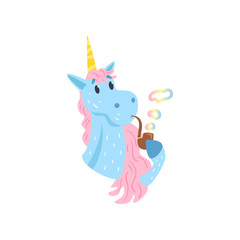 Poster - Cute funny unicorn character smoking pipe with rainbow smoke cartoon vector Illustration on a white background