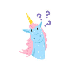 Poster - Cute thinking unicorn character, funny animal with with a question mark cartoon vector Illustration on a white background