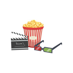 Sticker - Cinema set, popcorn, clapper board and 3d glasses vector Illustration on a white background