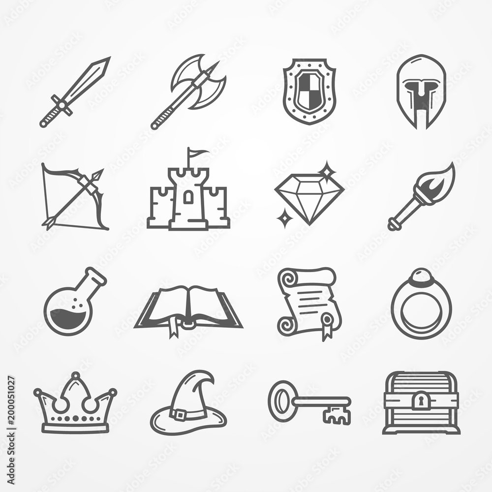 Set of fantasy role play PC game icons in line style. Sword battle axe shield warrior helmet bow castle diamond torch potion spell book scroll. Vector stock image. - obrazy, fototapety, plakaty 