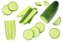 Fresh Cucumber Slices Isolated On White Background. Top View