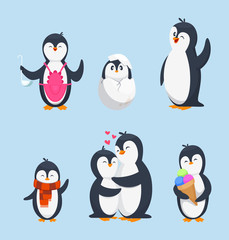 Wall Mural - Funny pinguins in different action poses. Cartoon mascots isolate
