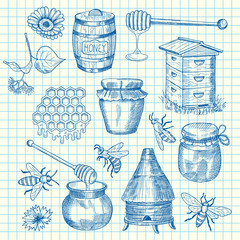 Wall Mural - vector set of hand drawn honey elements on cell sheet illustration