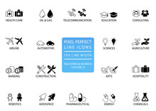 Pixel Perfect Thin Line Icons And Symbols Of Various Industries / Business Sectors Like Telecommunications, Chemicals, Aerospace, Automotive, Banking, Consulting