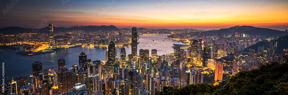 Hong Kong sunrise panoramic view from The Peak view point. - obrazy, fototapety, plakaty 
