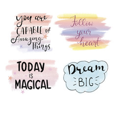 Set of motivational quotes on colorful dry brush backgrounds.