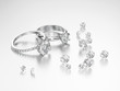 3D illustration two different white gold or silver decorative diamond rings and group of diamonds