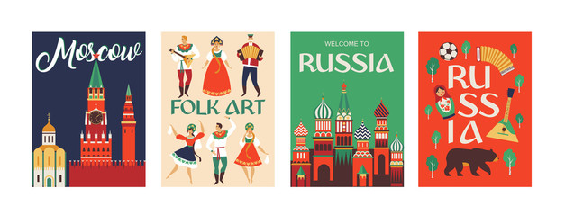 Welcome to Russia. Russian traditional folk art. Poster. Flat design Vector illustration.