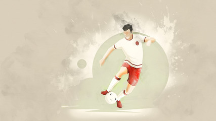 Creative abstract soccer player. Soccer Player Kicking Ball. Watercolor background. Retro style