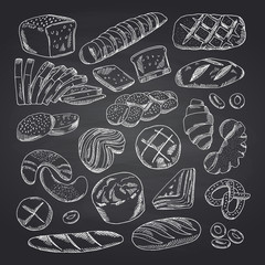 Wall Mural - Vector hand drawn contoured bakery elements on black chalkboard