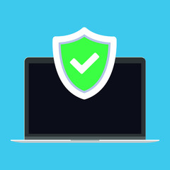 Wall Mural - Laptop protection sign concept vector illustration. Notebook and shield with tick check mark popped out above the sctreen flat design style, firewall symbol, privacy safety isolated on blue background
