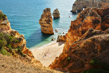 Poster - Algarve beach and rocks, amazing destination in Portugal and  all seasons attraction for many tourists in entire world