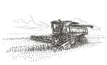 Combine Harvester Working Sketch Illustration. Vector.