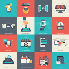 Wall Mural - E - commerce and online shopping icon set. Flat vector illustration