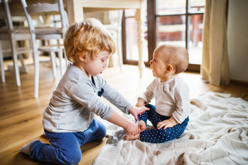 Two toddler children playing at home.